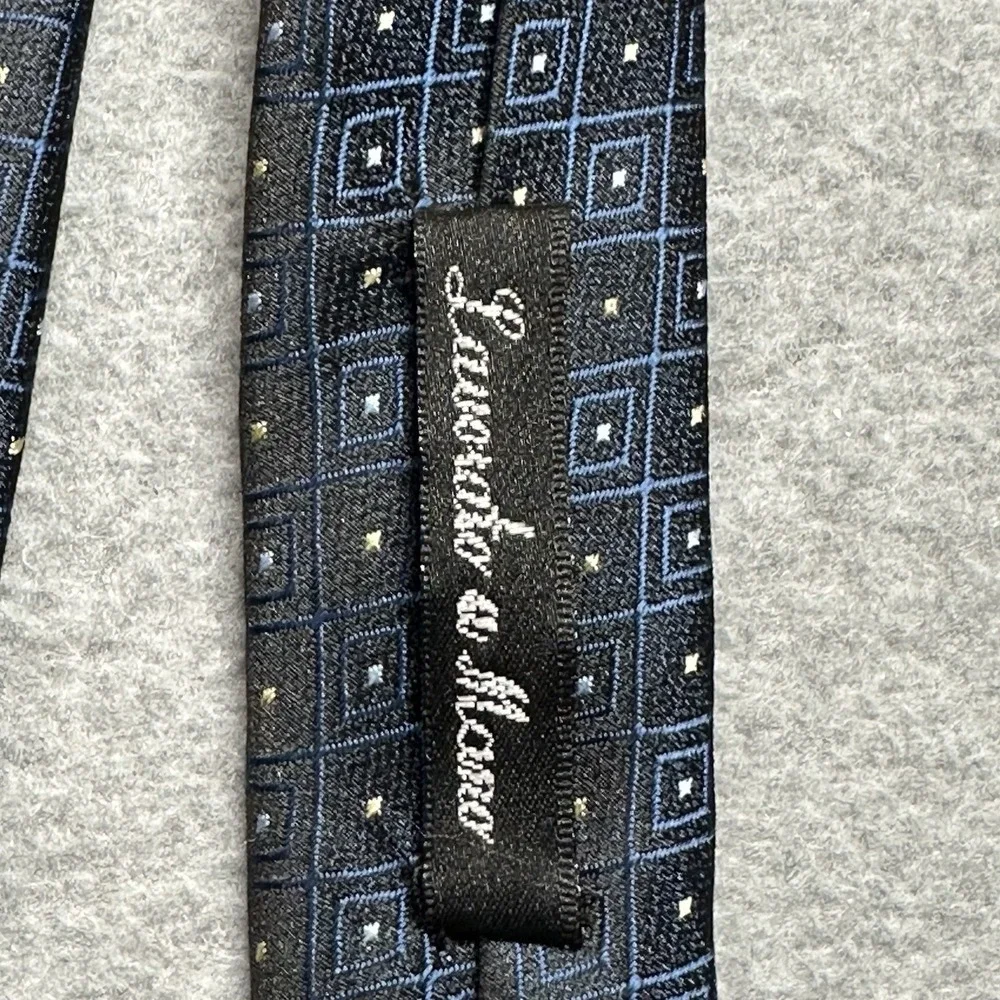 Lucio Lamberti Neck Tie Geometric Window Pane Print‎ Black Blue Handmade Silk